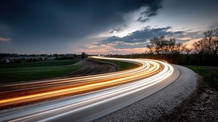 Wheels of a tractor glide through dark soil, leaving bright trails of light as the sun sets, showcasing the beauty of farmland