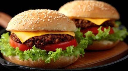 Two succulent beef cheeseburgers with melted cheese and fresh lettuce sit invitingly in a cast-iron pan, ready to enjoy