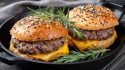 Two succulent beef cheeseburgers with melted cheese and fresh lettuce sit invitingly in a cast-iron pan, ready to enjoy