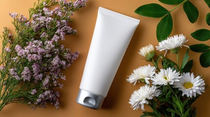 Sunscreen tube adorned with daisies sits against an orange backdrop, showcasing a fresh, clean beauty advertising vibe in a close-up view