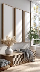 Three empty wooden frames hang on a softly lit beige wall, inviting future artwork into the art gallery space