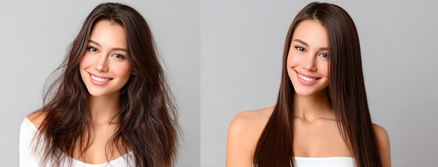 Showcasing a stunning hair transformation, the subject moves from frizzy hair to sleek, shiny long tresses, radiating confidence
