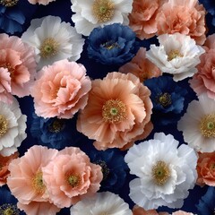 Delicate white poppies with vibrant red centers and deep blue leaves create a striking fabric design inspired by Art Deco aesthetics SEAMLESS PATTERN