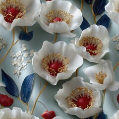 Delicate white poppies with vibrant red centers and deep blue leaves create a striking fabric design inspired by Art Deco aesthetics SEAMLESS PATTERN