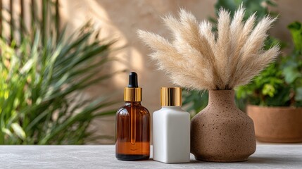 Soft lighting enhances glass skin care products arranged with pampas grass in stylish vases on a wooden table