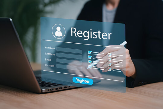 Online registration form person filling out form on computer for digital signup - Powered by Adobe