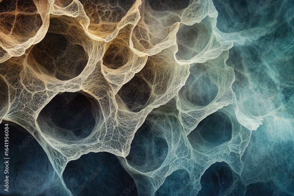 Poster abstract image depicting a complex network of interconnected cavities, resembling a honeycomb or por