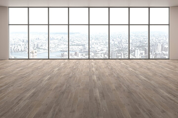 Modern empty room with windows in floor and city view 3D Render