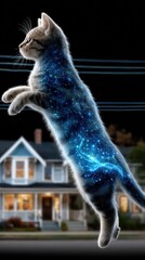 A cat composed of shimmering stars moves gracefully across a dark night sky filled with ethereal light trails and cosmic energy