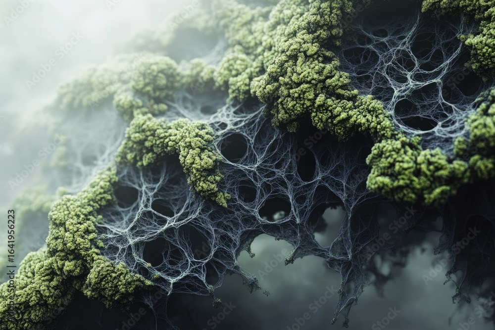 Poster a digital rendering of a mossy, web-like structure, intricate and otherworldly.
