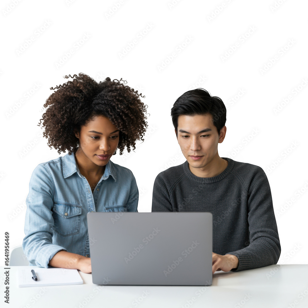 Poster two diverse individuals collaborating intently on a laptop computer focused on shared digital conten
