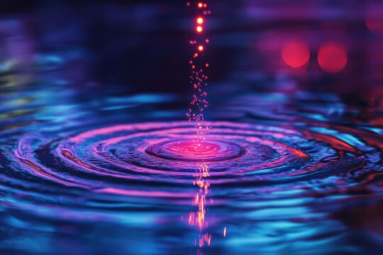 Vibrant pink and blue water ripples radiate outwards from a central point, created by a falling droplet, illuminated with neon lighting.