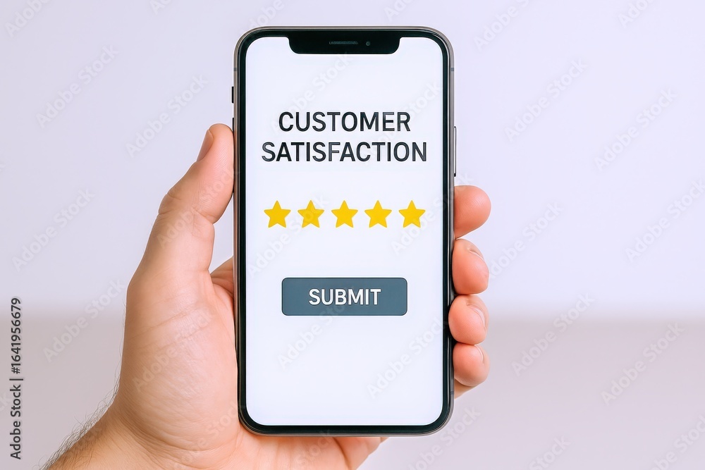Aufkleber hand holding smartphone displaying customer satisfaction survey with four star rating and submit but