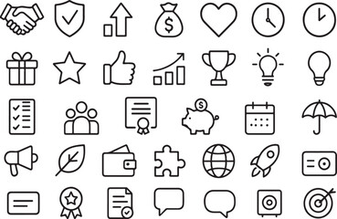 Collection of hand drawn business and finance icons representing success growth and achievement