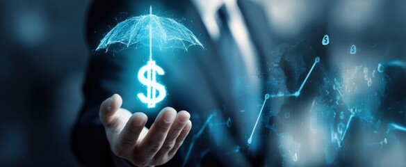 The businessman presenting a digital umbrella symbolizing financial protection and growth.