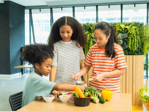 Kids children gril cute cooking group together teamwork play happy smile fun enjoy in class education learning clean culinary in mimi little kitchen preparing food with fresh vegetables on counter.