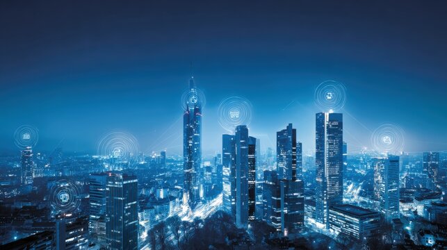 Futuristic Cityscape at Night with Digital Network Overlay, Depicting Connectivity, Innovation, and Modern Urban Development