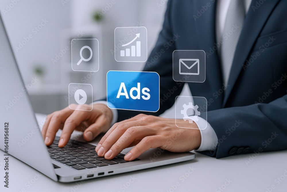 Poster digital advertising campaign management on laptop, visual interface overlay for targeting and optimi