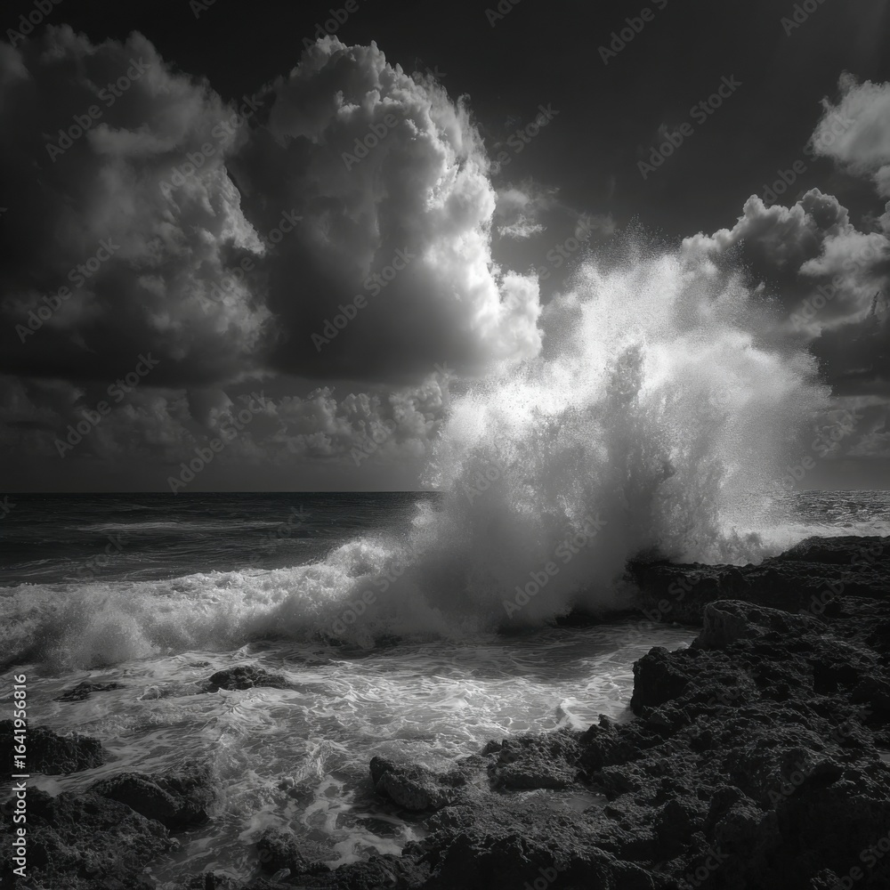Poster rugged rocks frame a turbulent seascape as mighty waves crash against them, creating a striking disp
