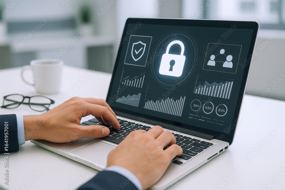 Poster cybersecurity professional working on laptop with data encryption, business analytics, and digital s