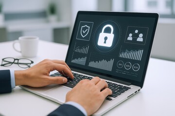 Cybersecurity Professional Working on Laptop with Data Encryption, Business Analytics, and Digital Security Interface