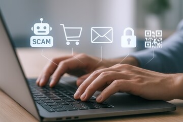 Online Fraud Prevention: Man Typing on Laptop with Digital Security Icons and Scam Warning