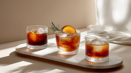 a tasting board 3 different oxacan old fashiond cocktails in clean simple modern glassware
