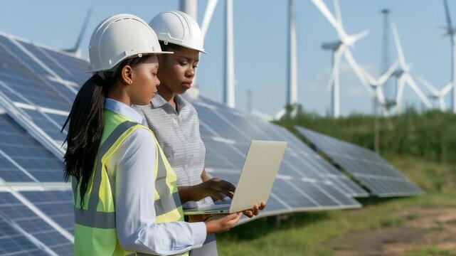 Two professional engineers wearing hard hats are working on laptop in front solar panels, wind turbines. They appear to be collaborating on renewable energy projects