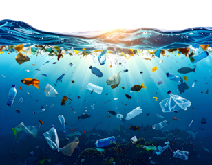 Ocean plastic pollution, showing various types and sizes of debris floating in the wa