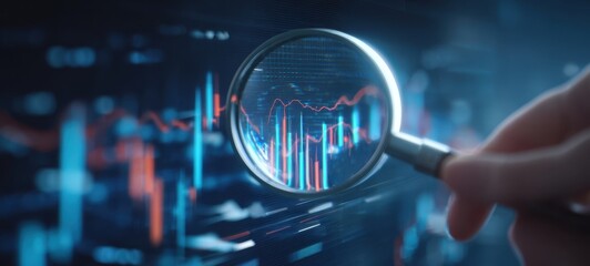 The magnifying glass focusing on digital financial market trends and analysis.