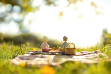 Couple enjoying a sunny picnic in a lush green field, a heartwarming scene.