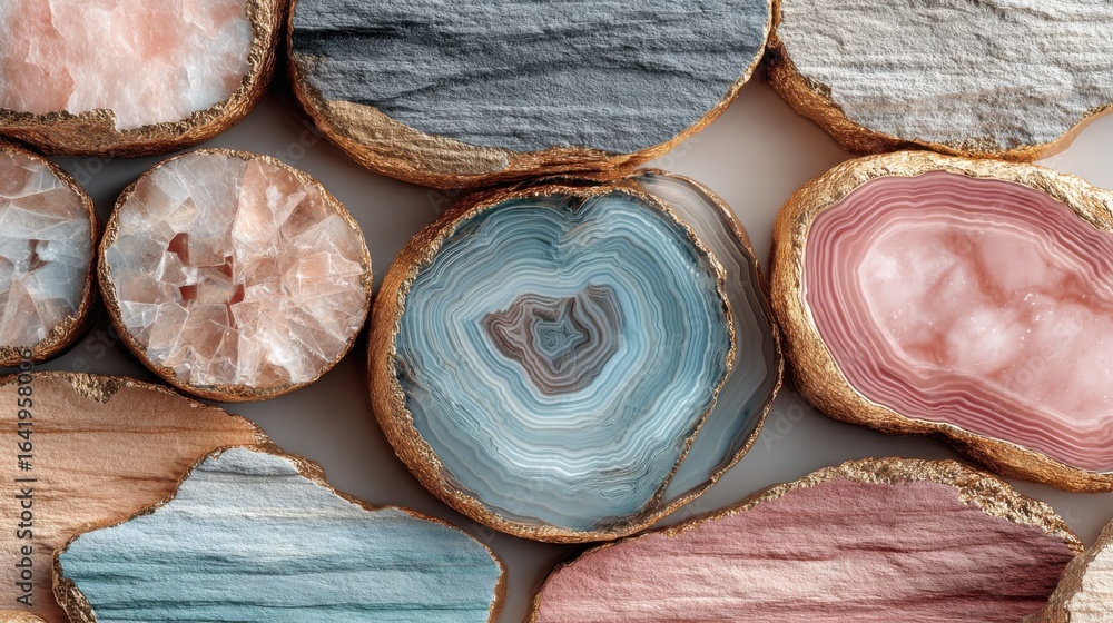 Aufkleber vibrant agate slices in various colors and patterns are arranged harmoniously on a light background.