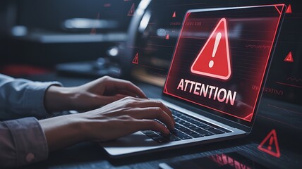 Cybersecurity alert on laptop screen with attention warning symbol