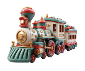 A beautifully rendered illustration of a festive Christmas train decorated with ornaments.