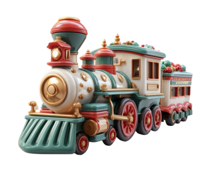 A beautifully rendered illustration of a festive Christmas train decorated with ornaments.