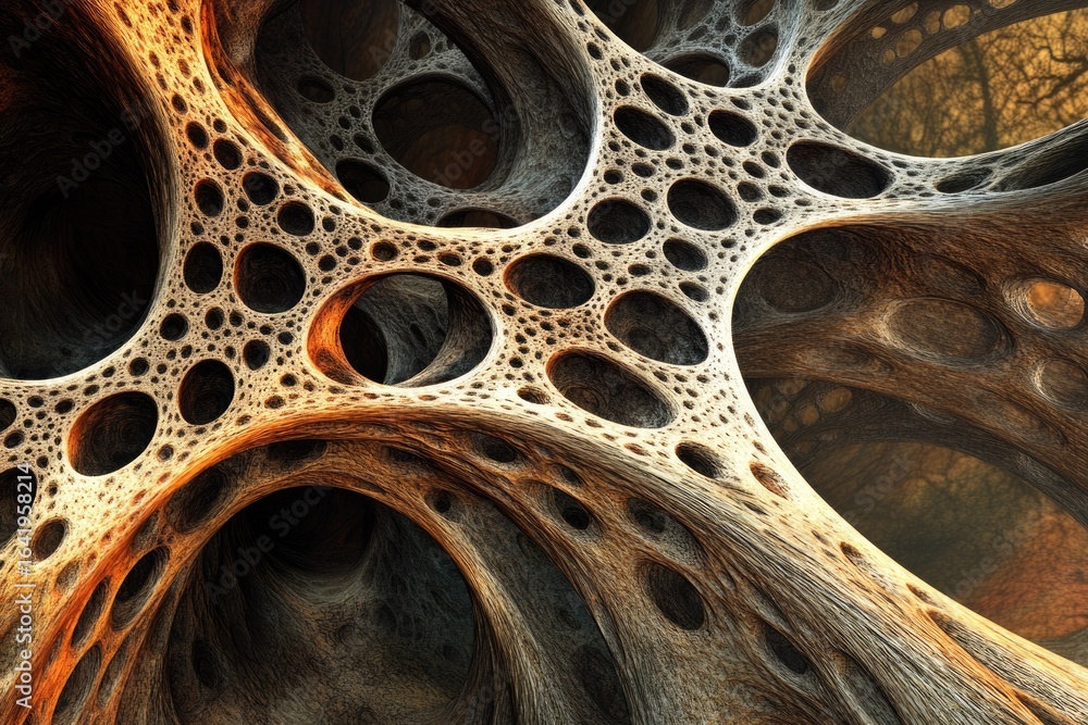 Poster abstract 3d rendering of a porous, organic structure with interconnected cavities and tunnels.