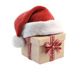 A beautifully wrapped Christmas gift topped with a Santa hat, ready for the holidays.