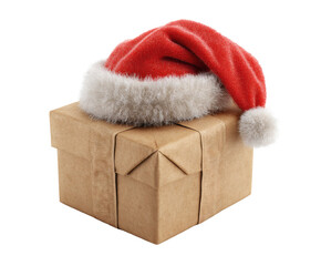 A wrapped Christmas present with a Santa hat on top, ready to be given.