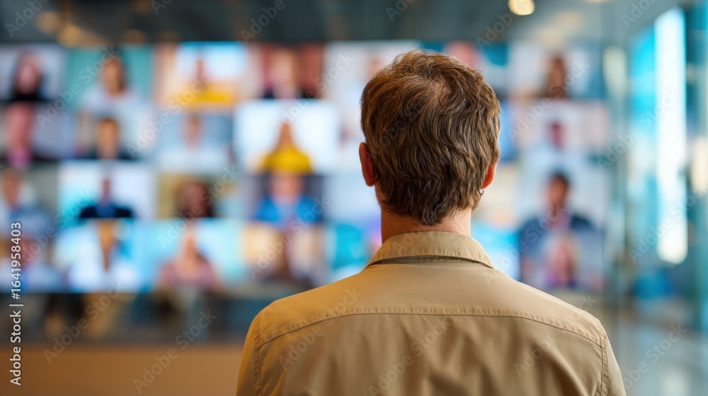 Aufkleber man attending virtual meeting with many participants, seen from behind, emphasizing connection and m
