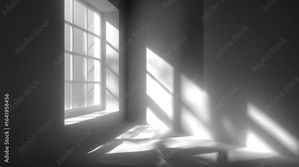 Poster morning light filters through a large window, casting soft shadows on the bare walls and floor of an