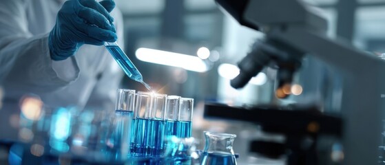 The scientist conducting experiments with blue liquids in a laboratory setting.