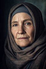 Portrait of elderly Islamic woman in hijab, serene and wise expression, traditional background.