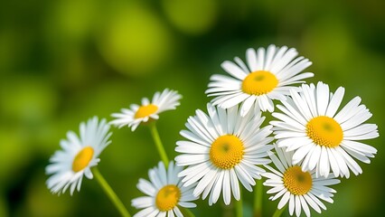 Fresh daisies in a simple bouquet, bathed in natural daylight with a soft green backdrop.