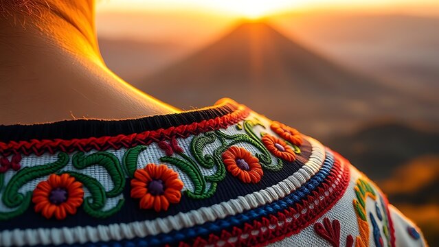 Embroidered huipil collar with floral patterns, highlighting Guatemalan textile artistry.