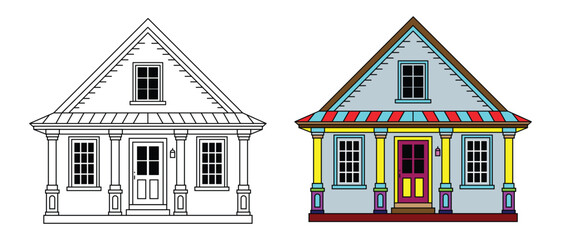 A charming house design, presented in both a black and white outline and a colorful rendering, suitable for coloring books, architectural inspiration, or illustrations of quaint homes.
