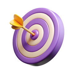 Purple and cream dartboard with yellow dart isolated on transparent background