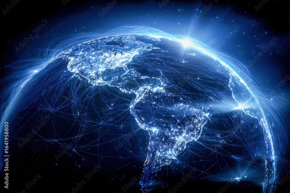 Poster global connectivity abstract illustration: worldwide network visualization with digital data transmi