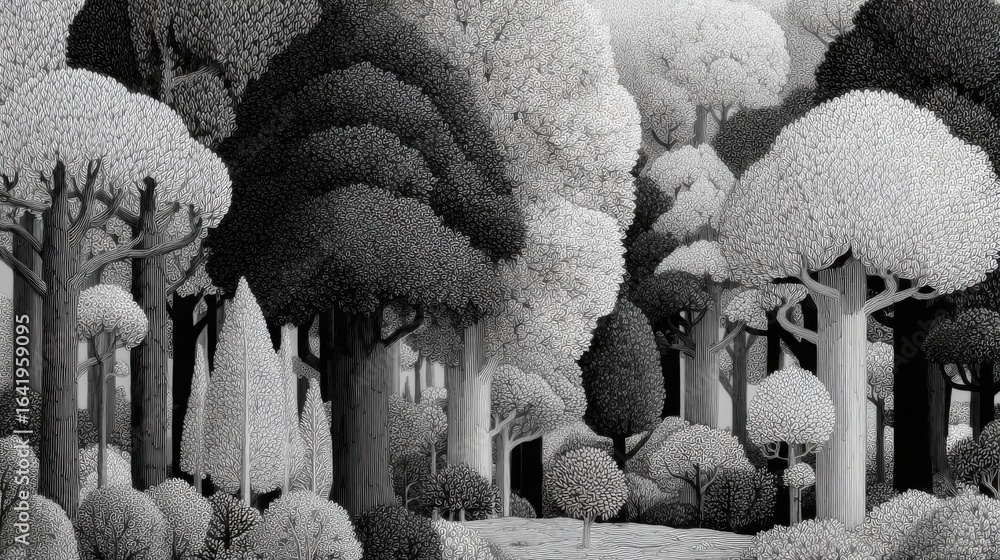 Poster A tranquil forest filled with various trees in black and white, featuring intricate shapes and textures. This natural setting evokes a calm and peaceful ambiance in an artistic style.