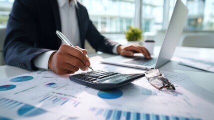The business professional analyzing financial data with a calculator and laptop.