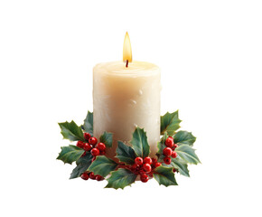 A beautifully decorated candle with holly, ideal for holiday celebrations.